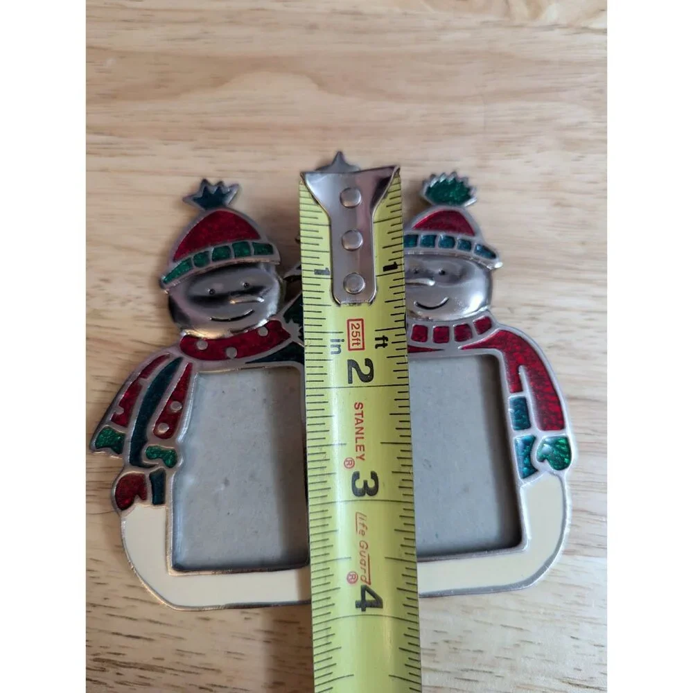 Pewter enamel glitter snowman‎ double frame mini green red stand up decor